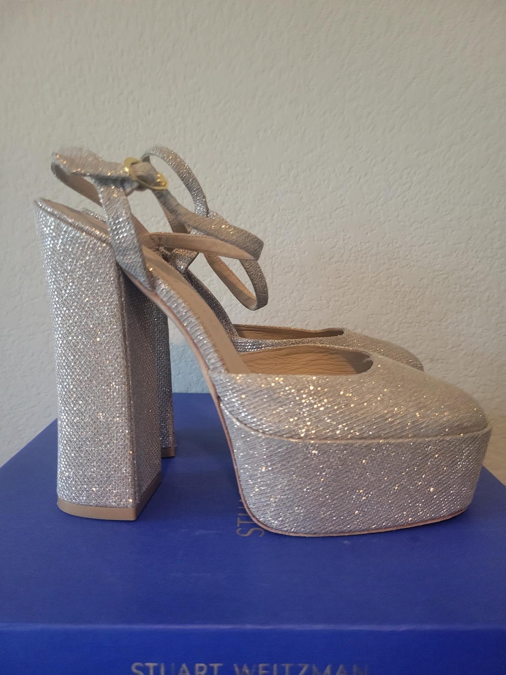 Stuart Weitzman Silver Glitter Platform Block Heel Sandals